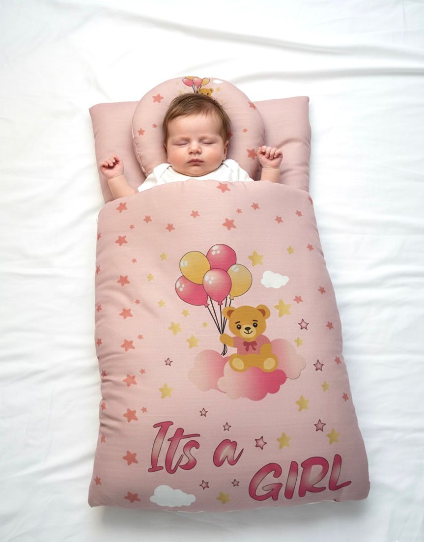 Baby Carry Nest with Pillow – “It’s a Girl” Pink Soft Sleeping Nest for Newborns