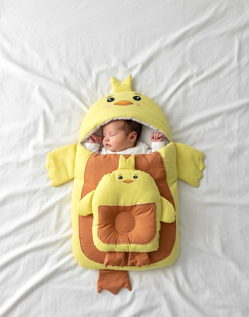 Premium 2-Piece "Yellow Chick" Newborn Sleep Nest & Anti-Flat Head Pillow Set – Ultra-Soft Cotton Collection