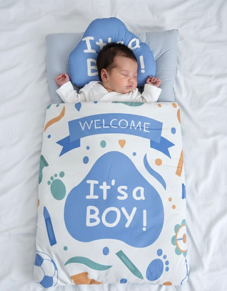 Premium 2-Piece "Its A Boy" Newborn Sleep Nest & Positioning Pillow Set – Ultra-Soft Cotton Travel Bed
