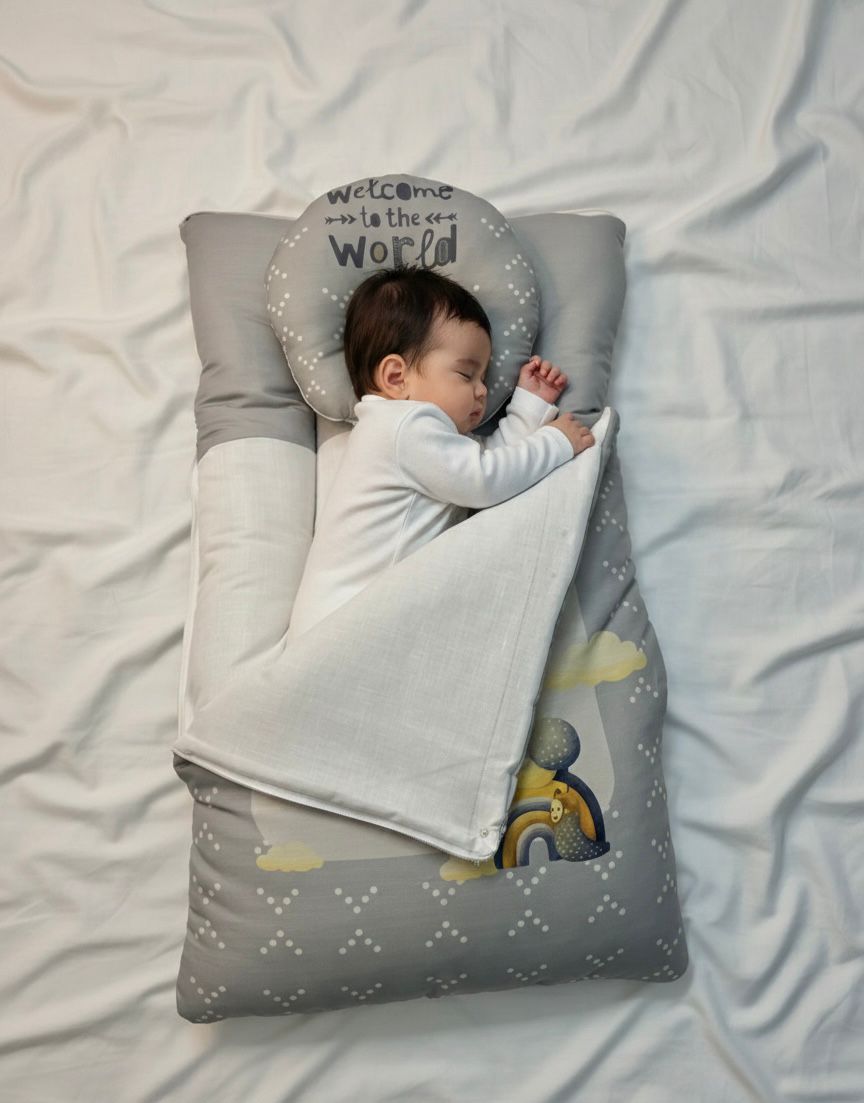 "Welcome to the World" Luxury 2-Piece Baby Nest & Sleeping Bag Set – Premium Grey & White Nursery Collection