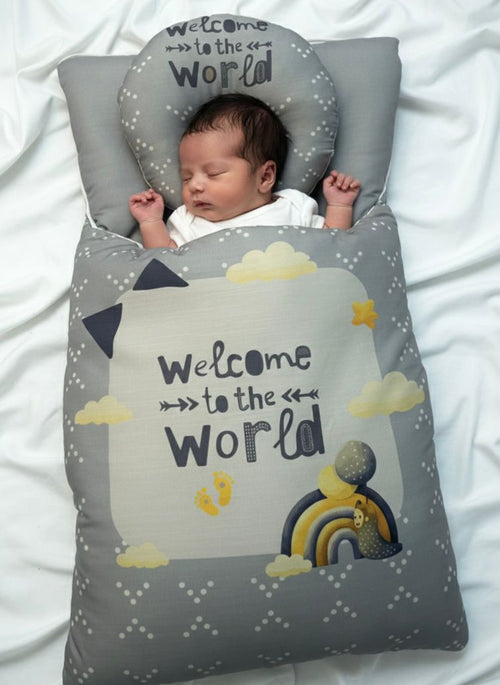 "Welcome to the World" Luxury 2-Piece Baby Nest & Sleeping Bag Set – Premium Grey & White Nursery Collection