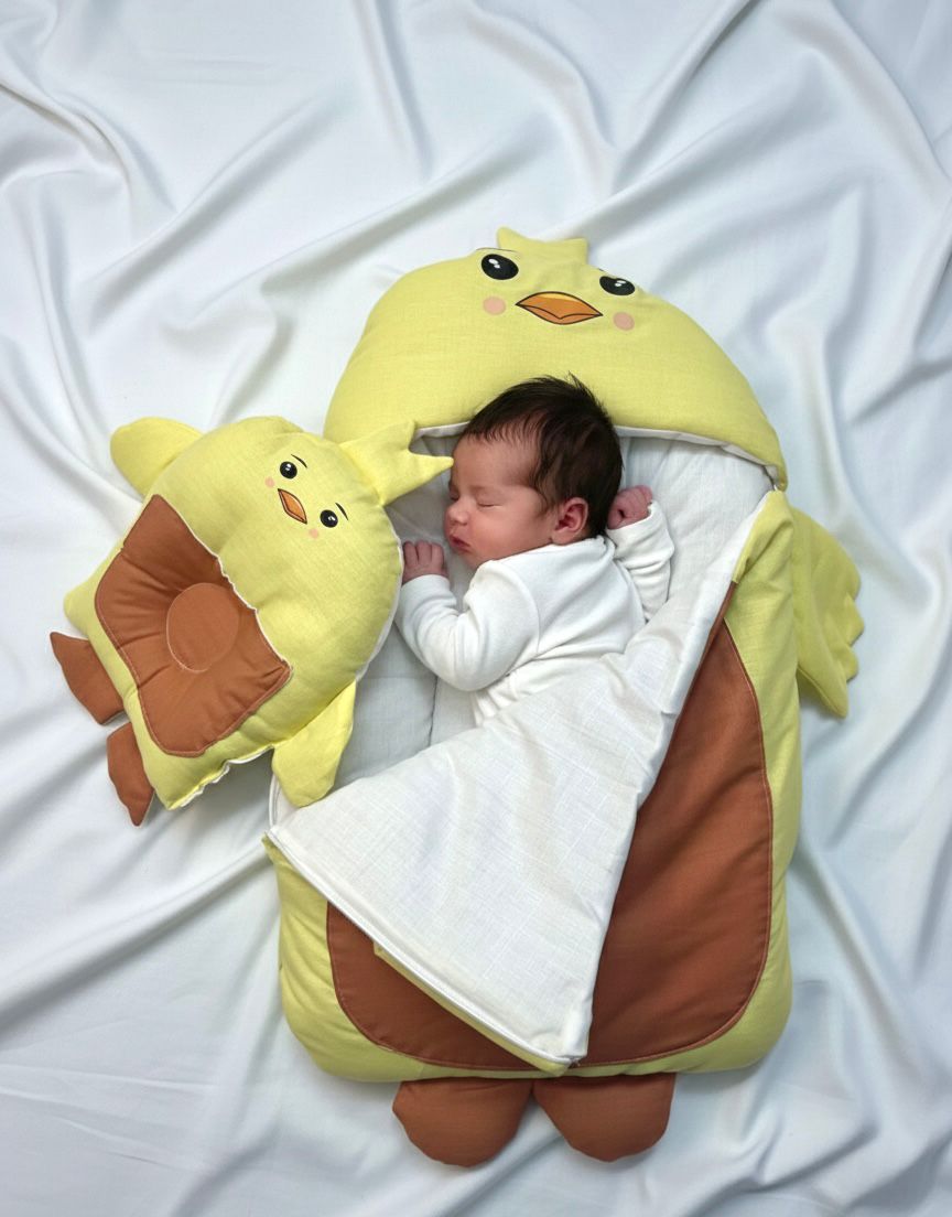 Premium 2-Piece "Yellow Chick" Newborn Sleep Nest & Anti-Flat Head Pillow Set – Ultra-Soft Cotton Collection